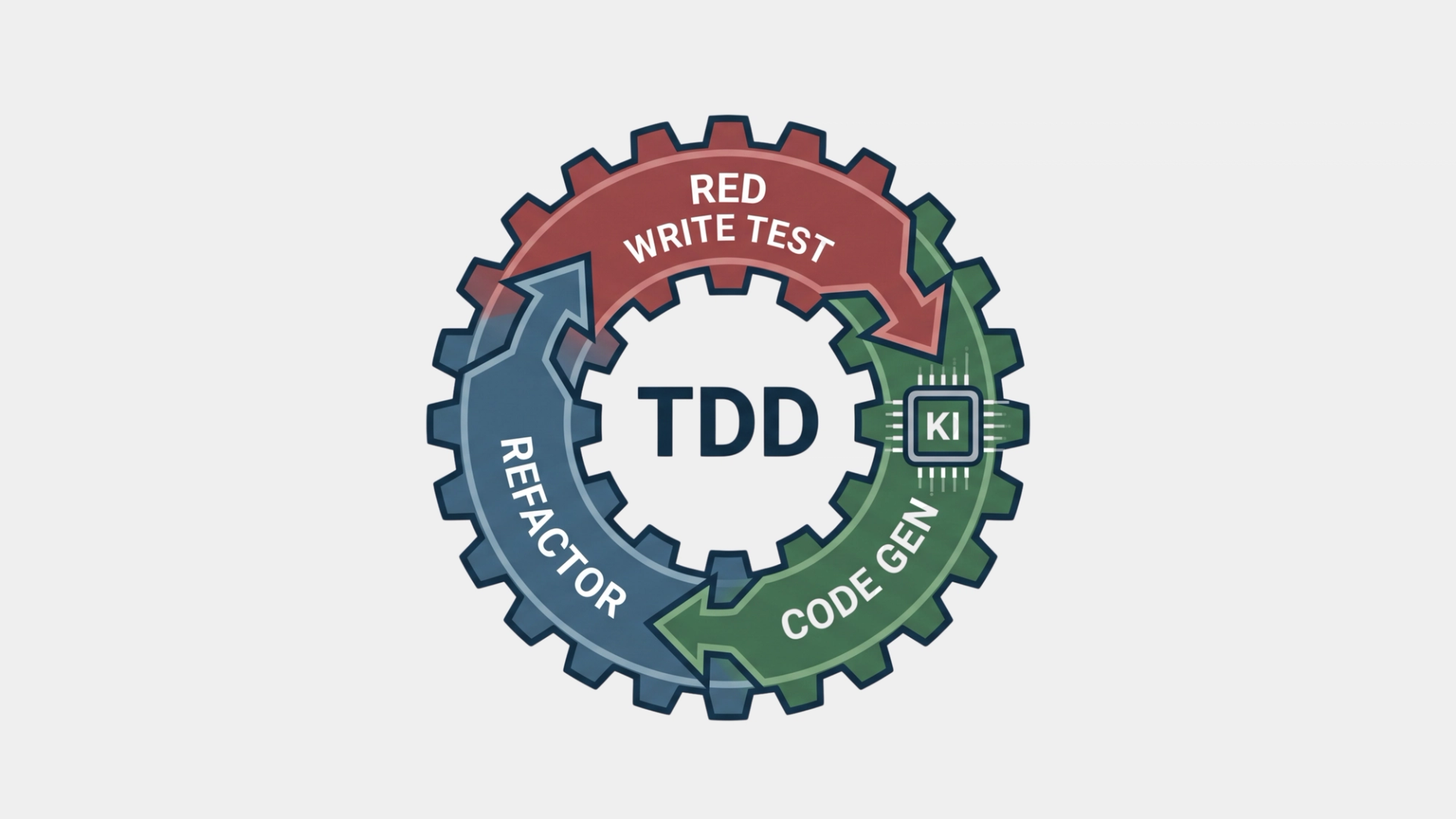 Infografik des TDD-Kreislaufs mit KI: Die Phasen Red (Test schreiben), Green (Code-Generierung mit KI) und Refactor für eine nachhaltige Software-Architektur.