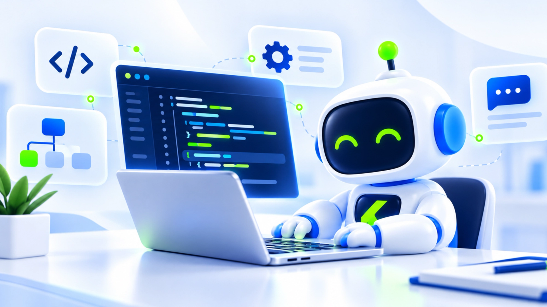 Kleiner Roboter sitzt vor dem Laptop und schreibt Code.