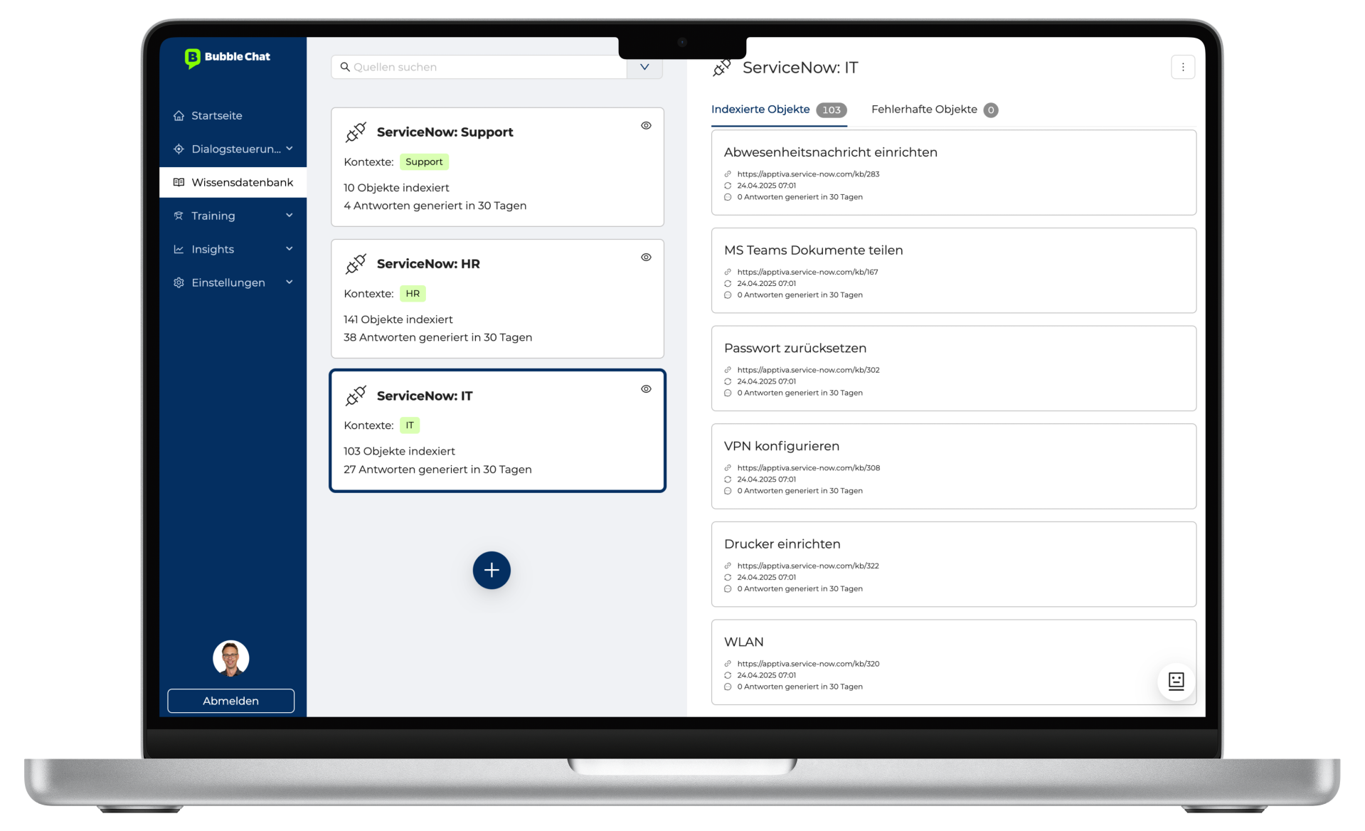 Integration von ServiceNow über die Wissendatenbanken in Bubble Chat. So können auch andere System für die Chatbot als Quelle zur Verfügung gestellt werden. 