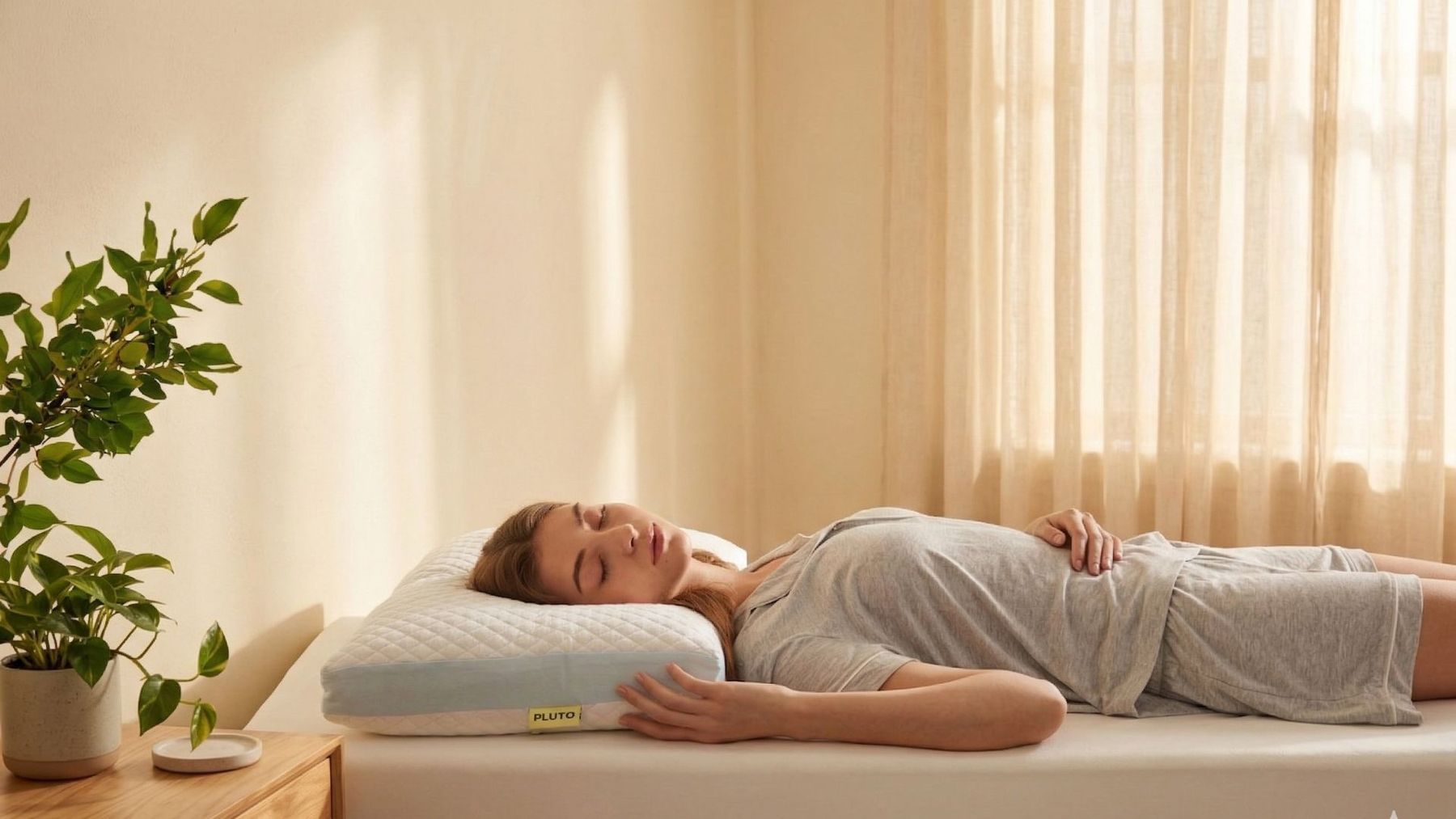 A woman peacefully sleeping on a Pluto pillow.