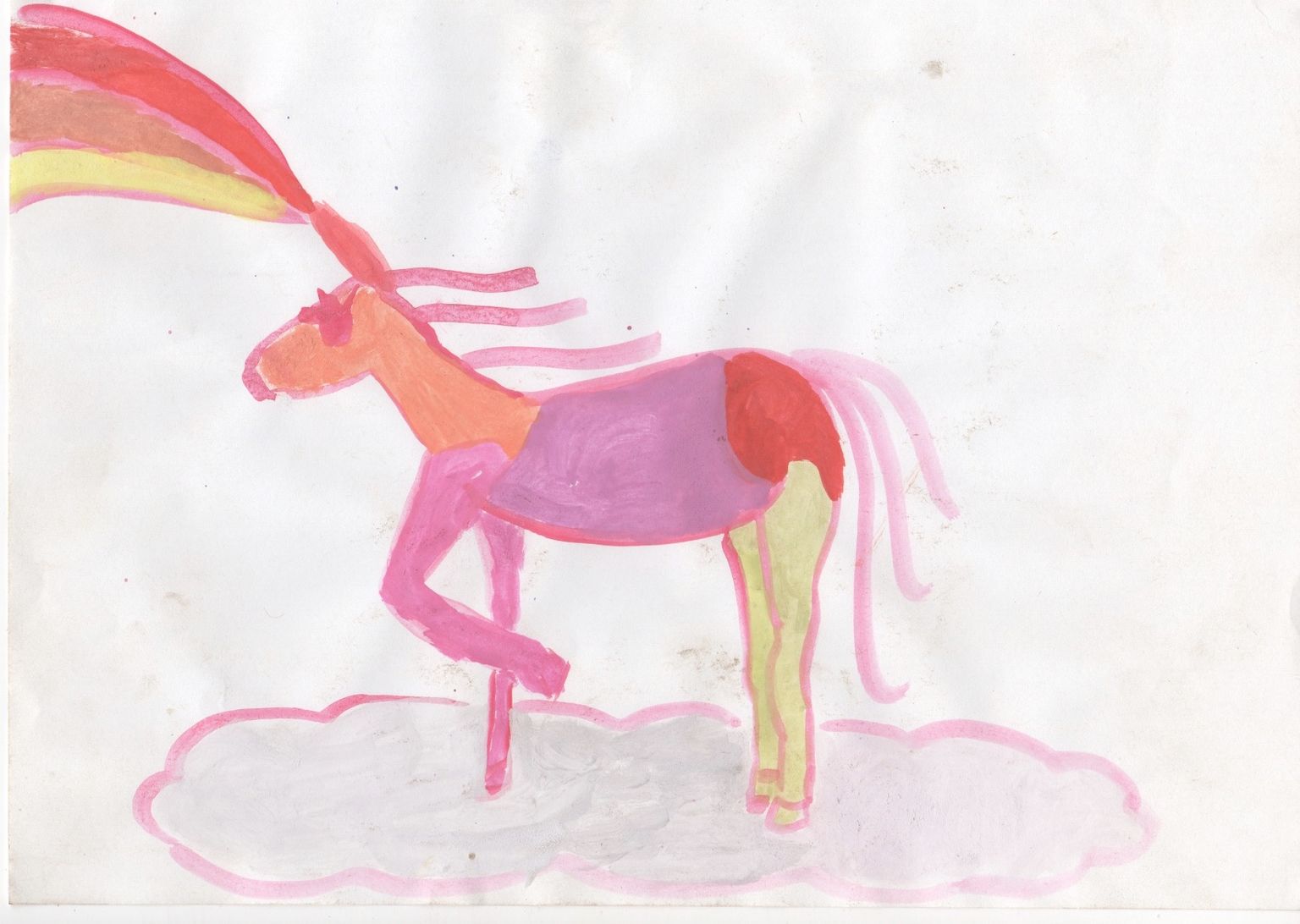 watercolor drawing of a unicorn filled in with yellow, red, pink and orange. a rainbow is coming out of the unicorn's horn, and the unicorn is standing on a cloud.
