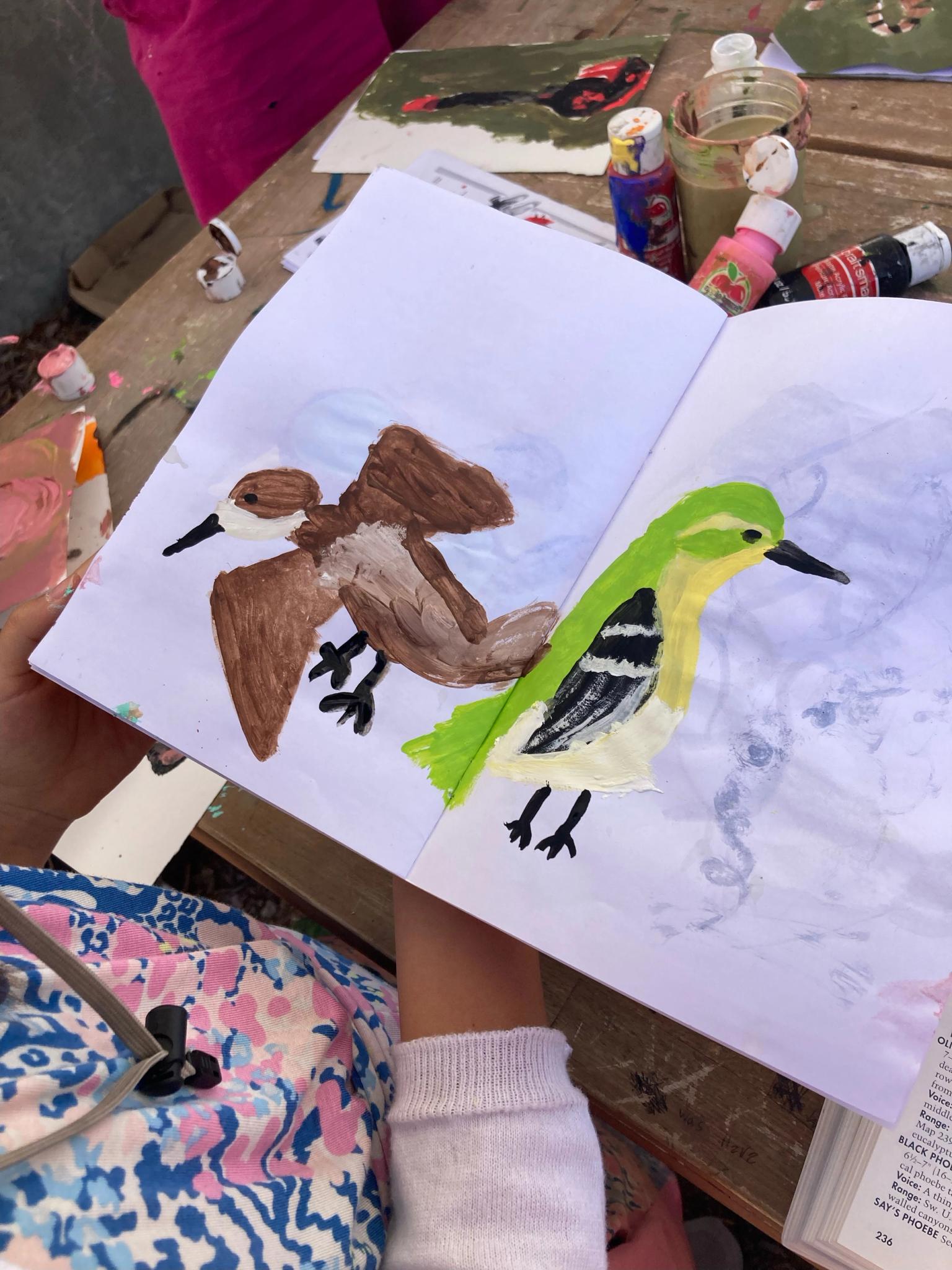 close up image of two bird paintings made by a child in Sun Sprouts