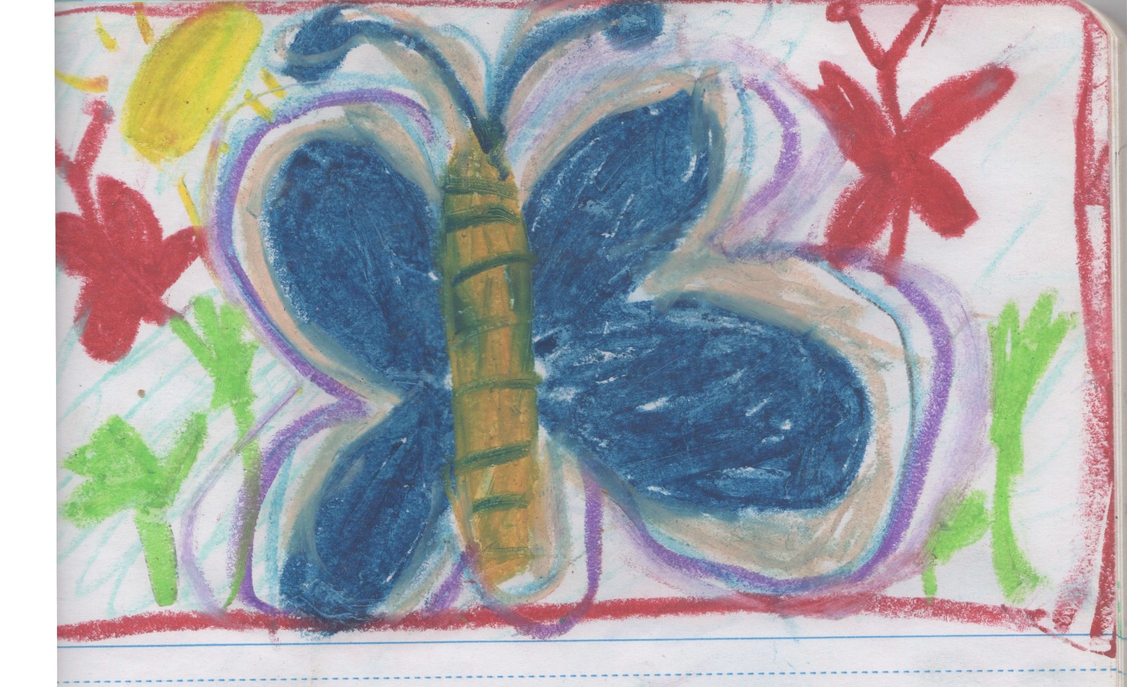 pastel drawing of a butterfly with blue wings and yellow abdomen with blue stripes. butterfly has beige and purple outlines. small red butterflies are on both sides of the blue butterfly. 