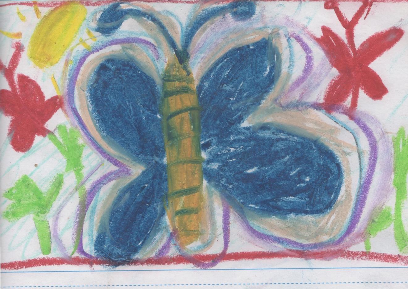 pastel drawing of a butterfly with blue wings and yellow abdomen with blue stripes. butterfly has beige and purple outlines. small red butterflies are on both sides of the blue butterfly. 
