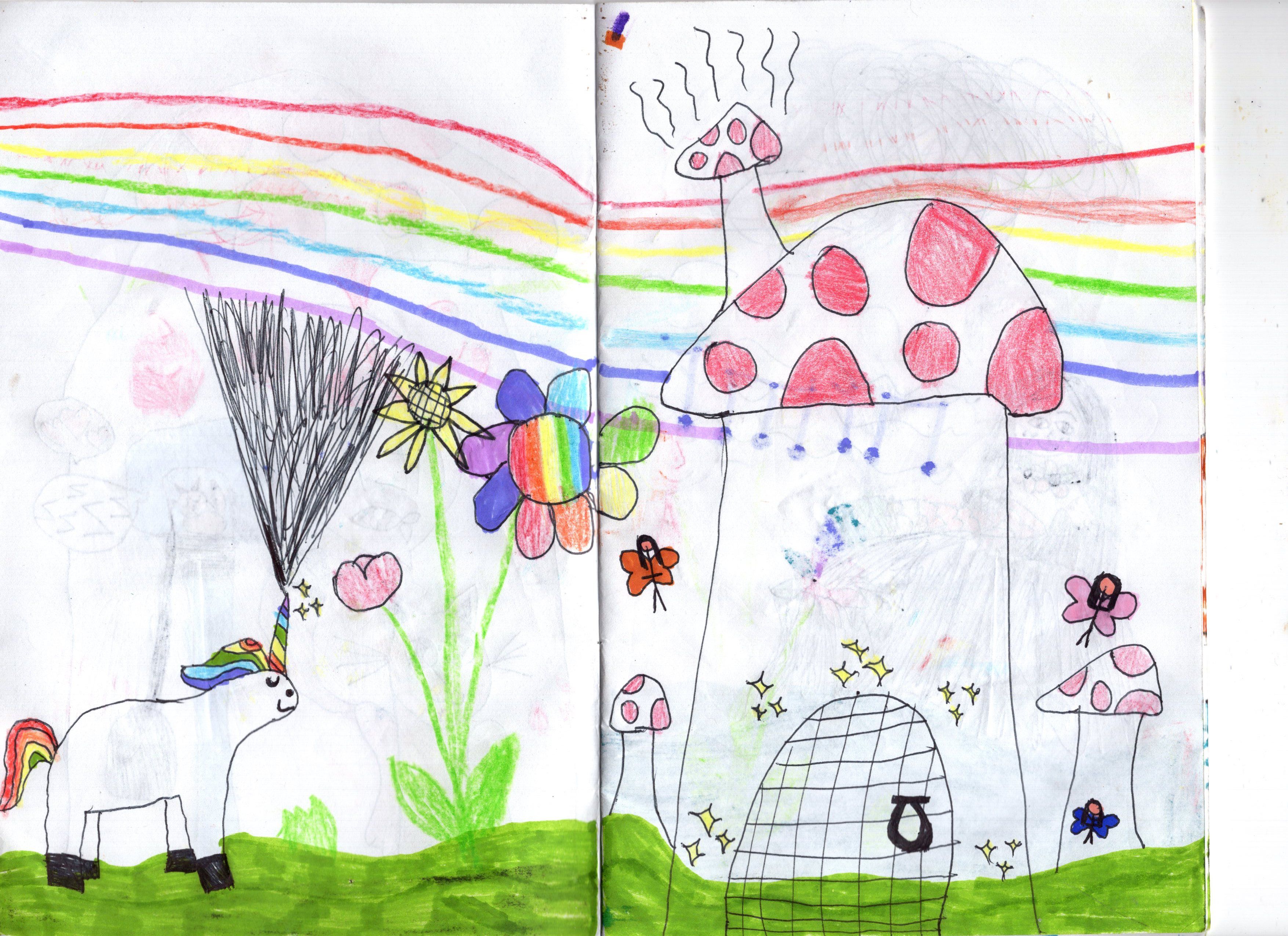child's drawing of a unicorn with rainbow mane next to rainbow flowers and a mushroom fairy house, with a rainbow in the background