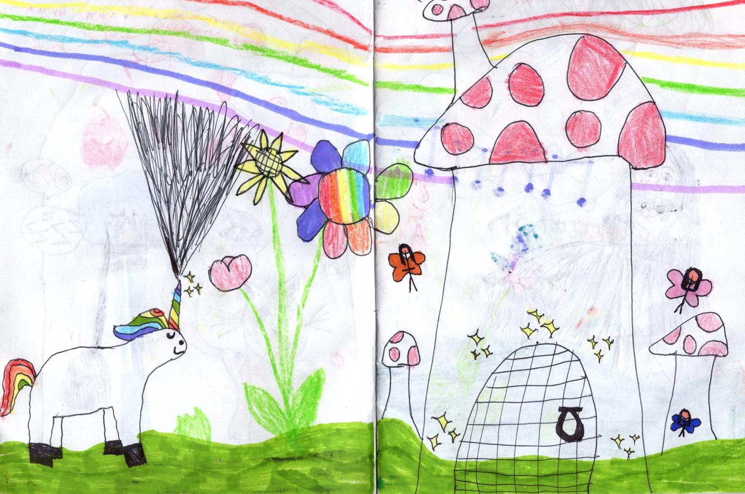 child's drawing of a unicorn with rainbow mane next to rainbow flowers and a mushroom fairy house, with a rainbow in the background