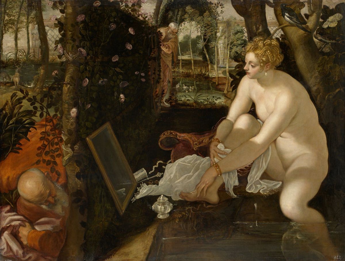 Tintoret, Suzanne et les vieillards, vers 1555-1556, huile sur toile, 146 × 193,6 cm, Vienne, Kunsthistorisches Museum, Gemäldegalerie.