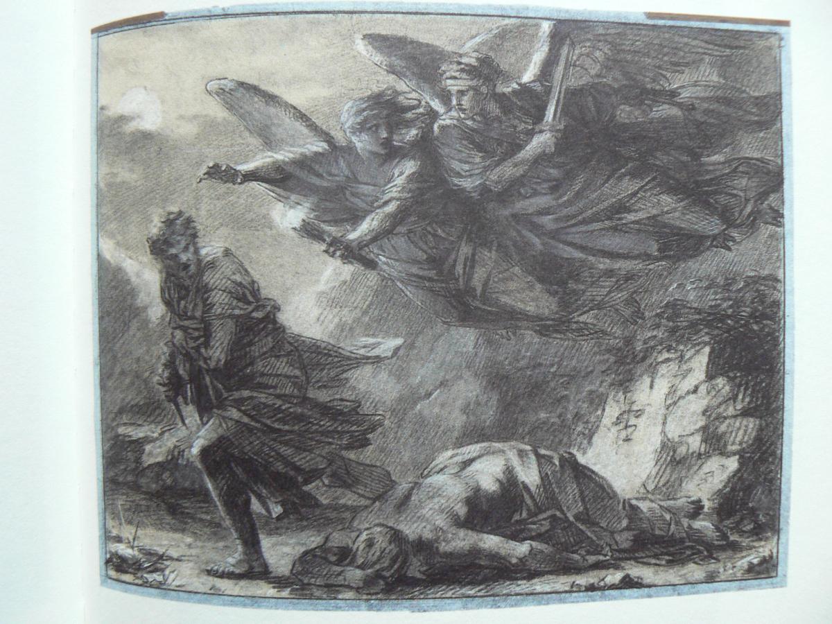 Prud’hon.la justice et la venagance poursuivant le crime. 1804-06.crayon noir et blanc sur papier bleu.