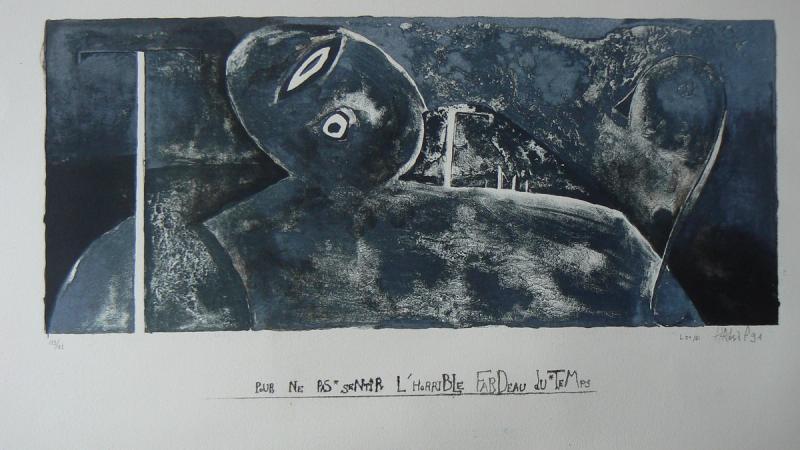 : pour ne pas sentir l'horrible fardeau du temps. série COL TEMPO. lithographie. 1991