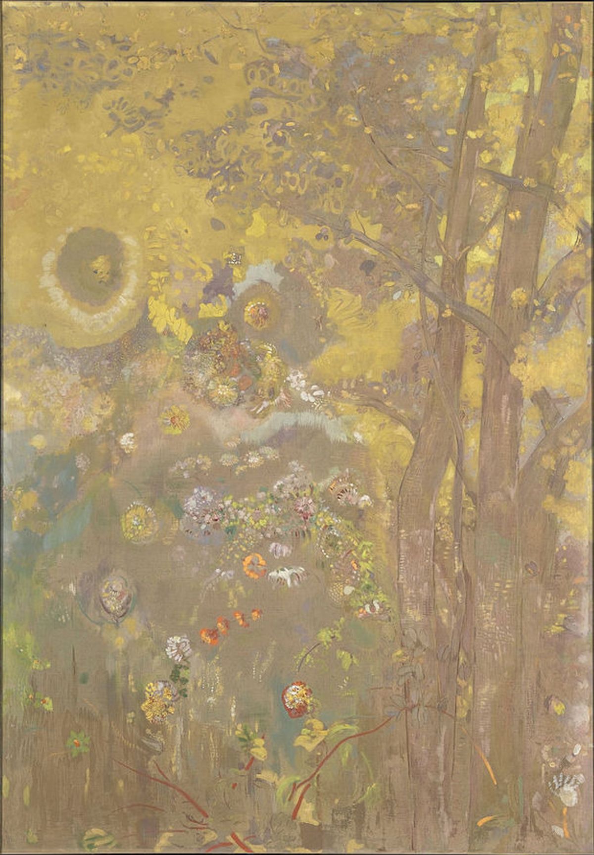 Odilon Redon, Arbres sur un fond jaune, 1901, huile, tempera, fusain et pastel sur toile, 24,7 x 17,3 cm, musée d’Orsay