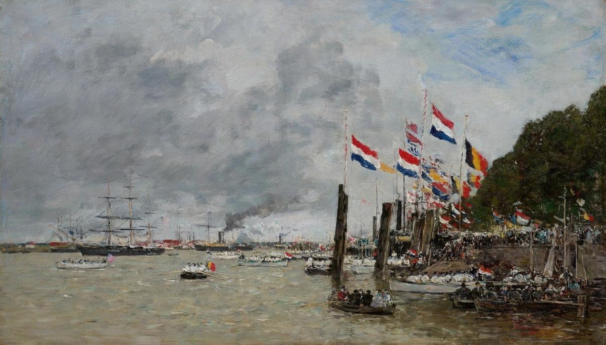 « anvers, la flotte anglaise vient prendre les restes des soldats enterrés dans la citadelle »par Boudin en 1871