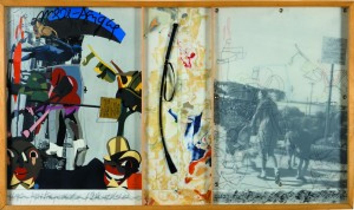« Mère Afrique »,1982, de Télémaque. graphite, papiers collés, photo, oeillets, calque, cuir, 83×148, coll. FRAC Aquitaine