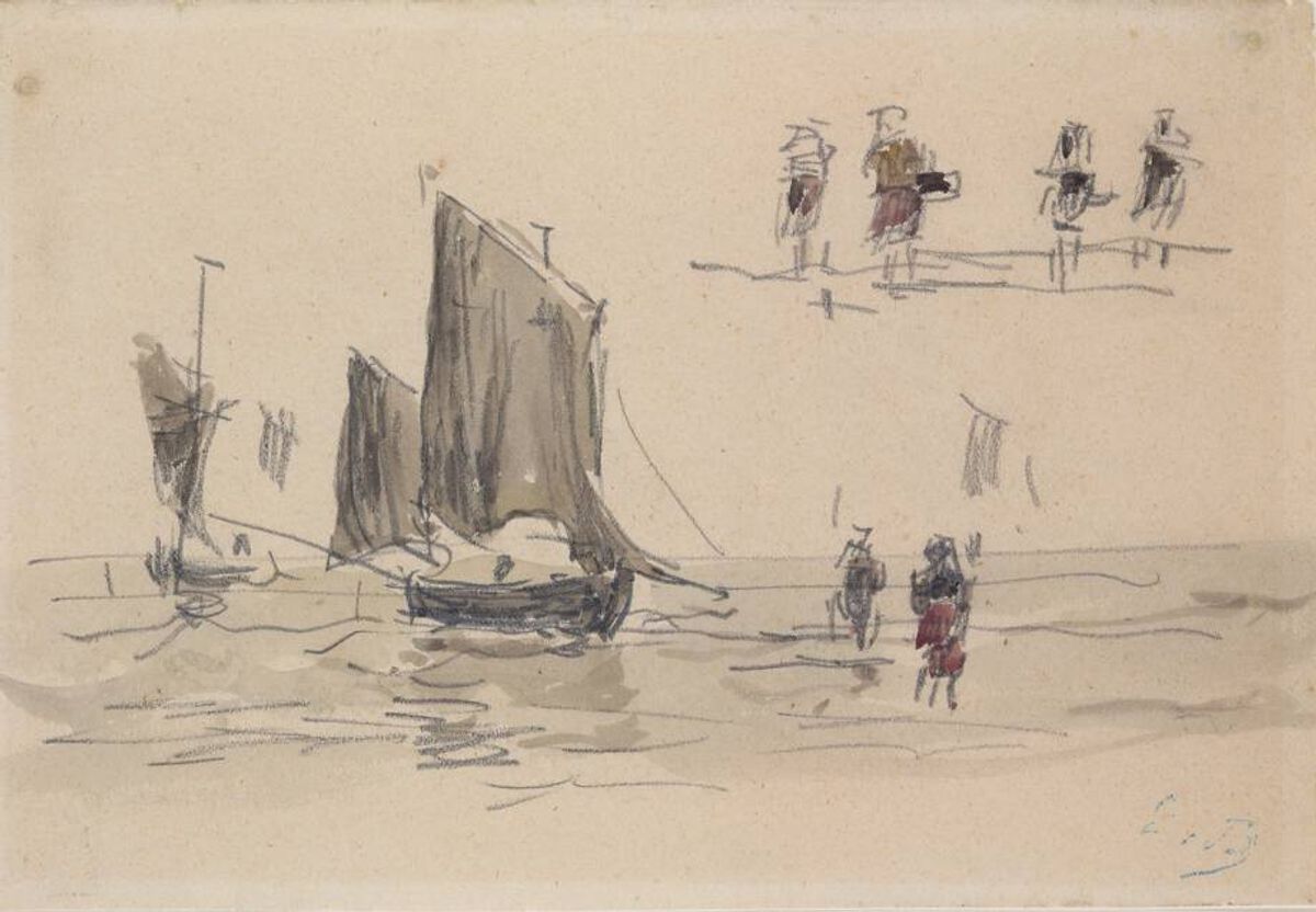 « bateaux et pêcheurs »par Boudin (crayon et aquarelle)