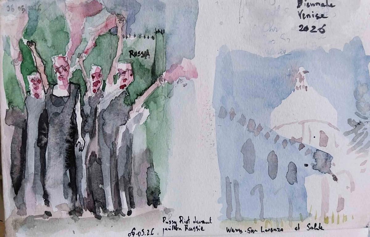 croquis de la manifestation des pussy riots devant le pavillon russe le 6 mai aux Giardini