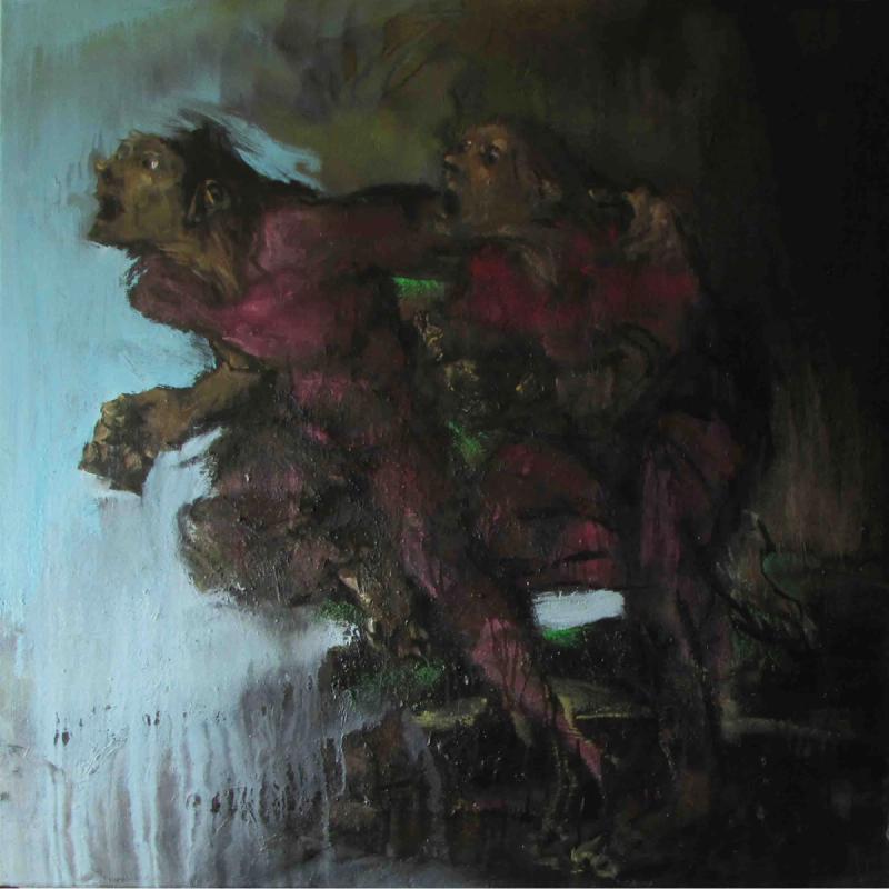  : famille en fuite. 14T22. 100x100. huile sur toile