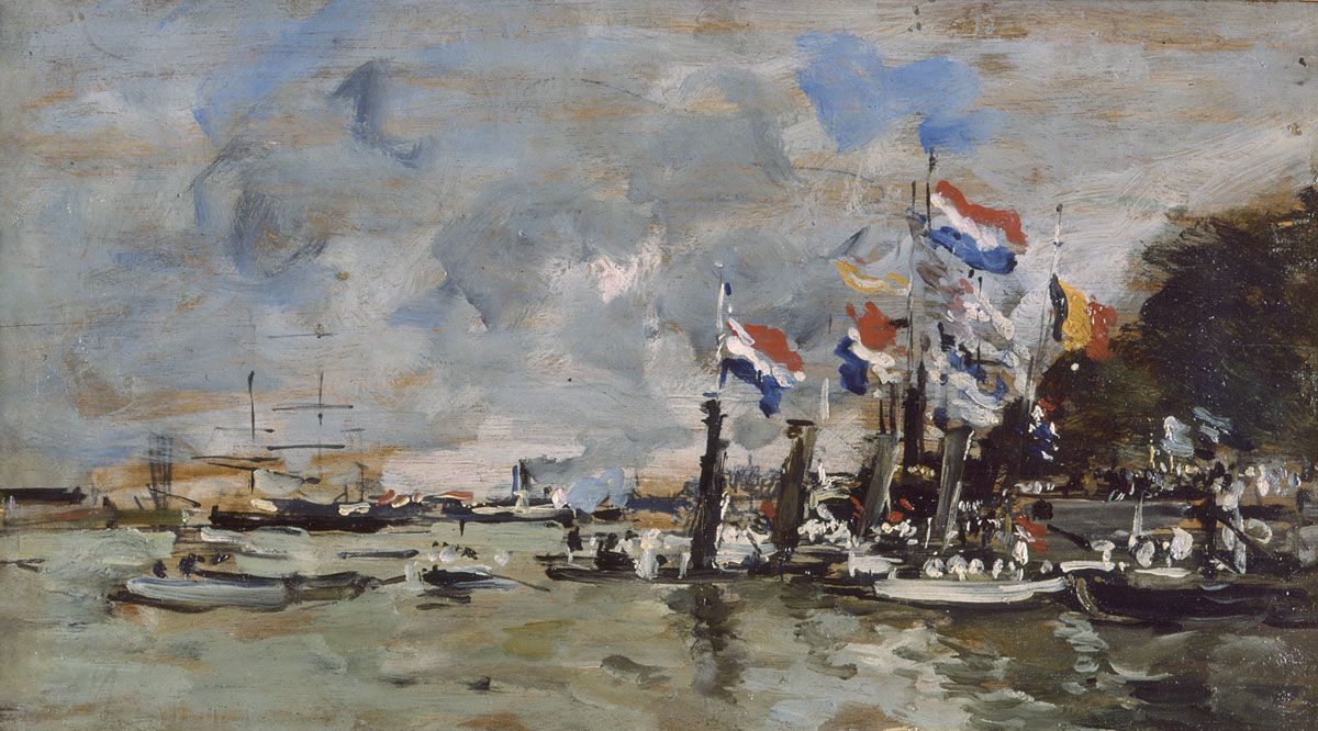esquisse préparatoire de « anvers, la flotte anglaise vient prendre kles restes des soldats enterrés dans la citadelle »par Boudin en 1871, donnée par Boudin au musée de sa ville natale