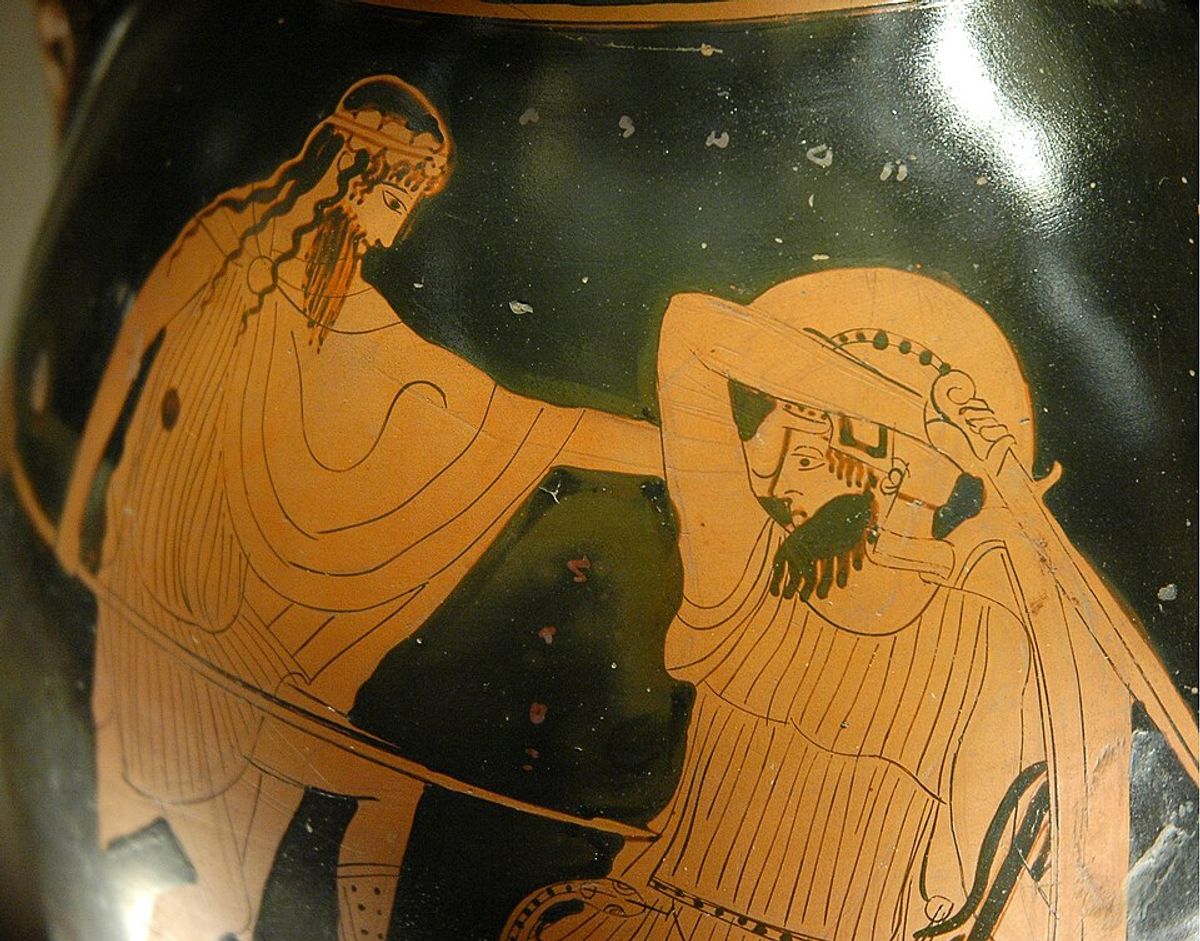 Dionysos combattant un Géant durant la Gigantomachie, thème d'une pélikè attique à figures rouges, vers 460 av. J.-C., musée du Louvre.