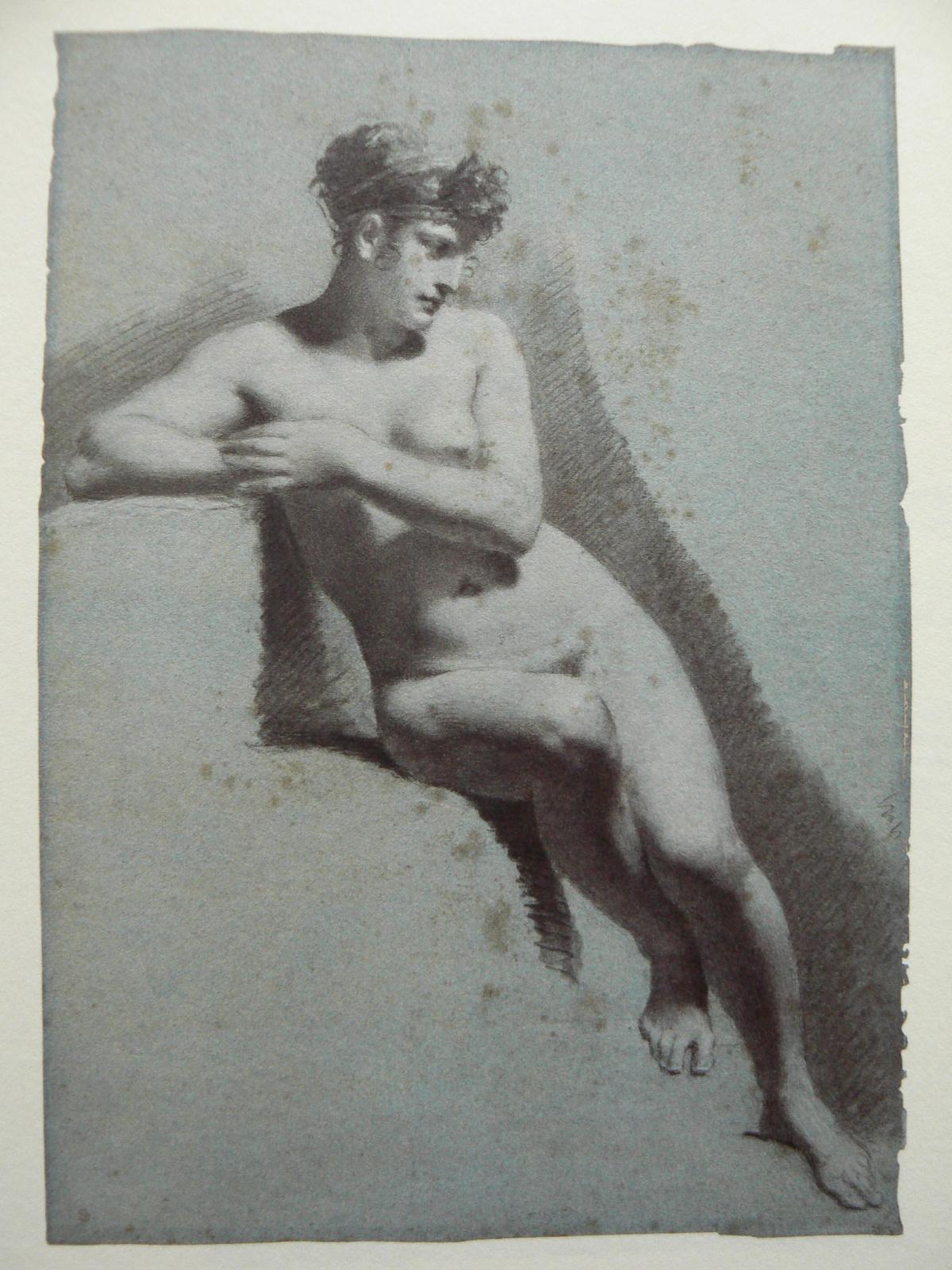 Prud’hon. femme nue.crayon noir et blanc sur papier bleu