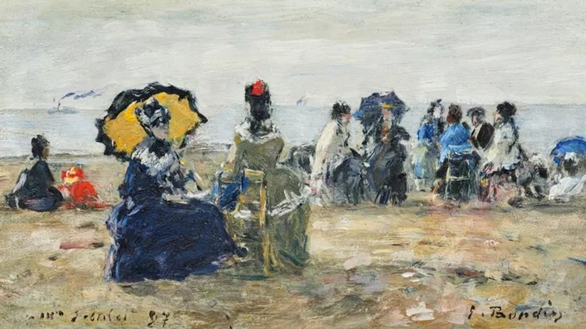 « Trouville, scène de plage, le parasol jaune » (détail), par Eugène Boudin, 1887