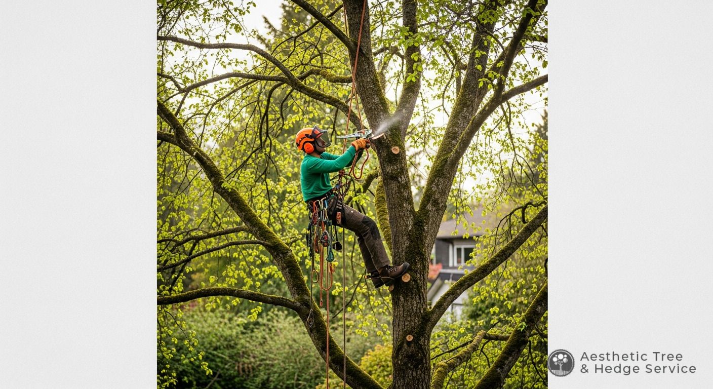 tree removal crew using professional equipment on a residential property