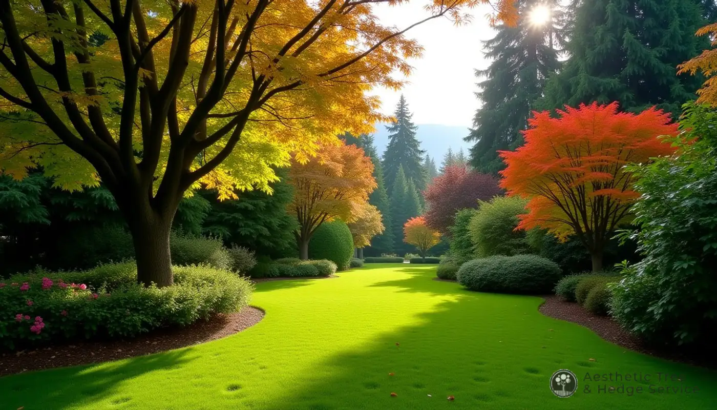 Japanese maple and bigleaf maple trees in autumn colour in a Vancouver-area garden