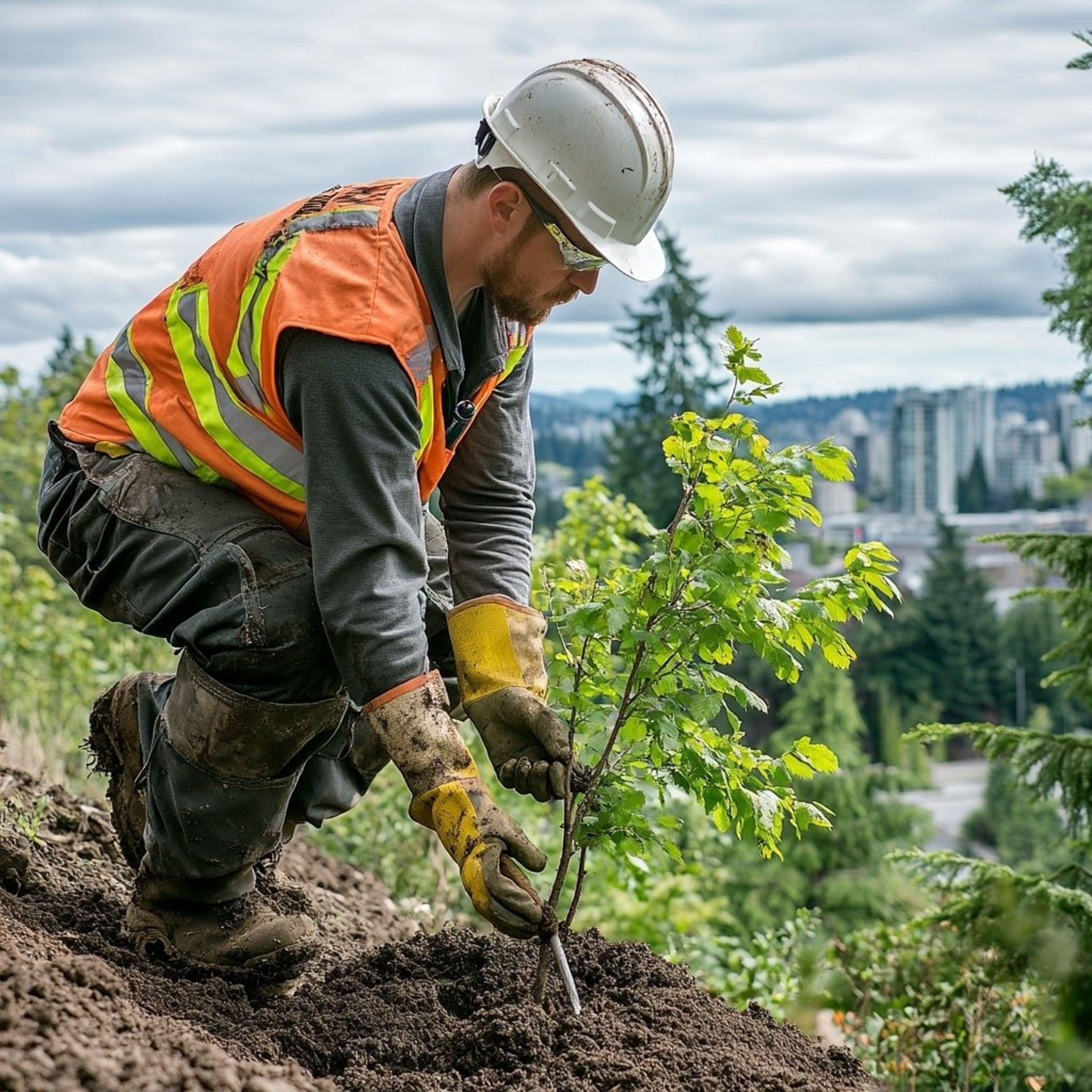 Vancouver arborist planting tree, urban setting, wearing safety gear, proper tree planting techniques