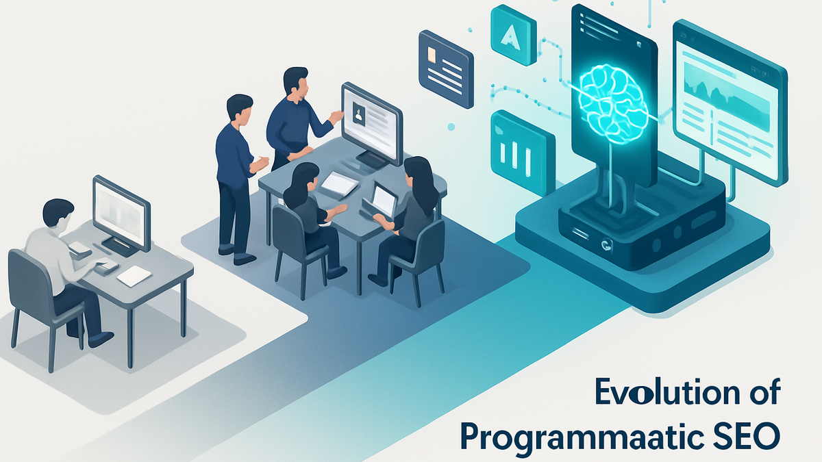Isometric illustration showing the evolution of programmatic SEO from manual processes to AI-powered automation across three progressive stages
