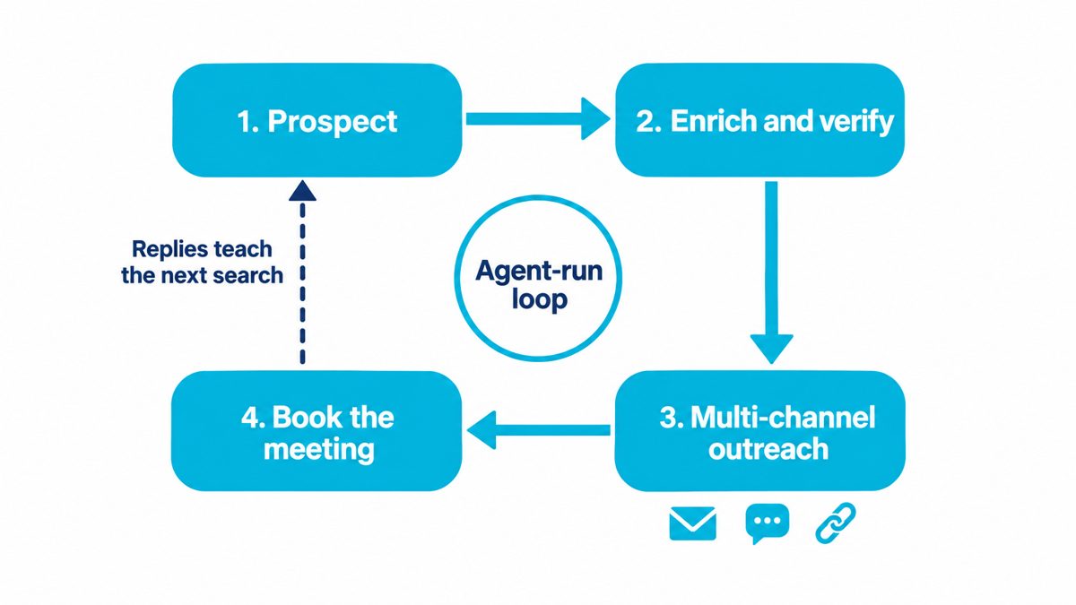 Four-step agentic GTM loop: prospect, enrich and verify, multi-channel outreach, book the meeting