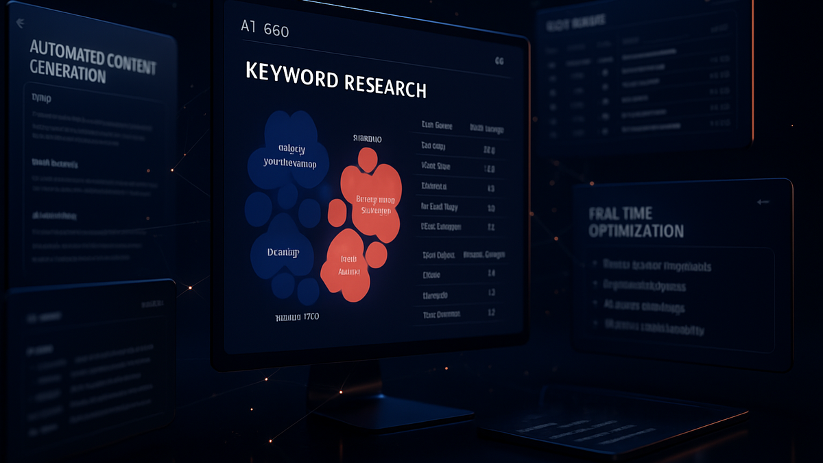 Close-up of interconnected digital screens showing AI-powered SEO tools including keyword research, content generation, and real-time optimization dashboards