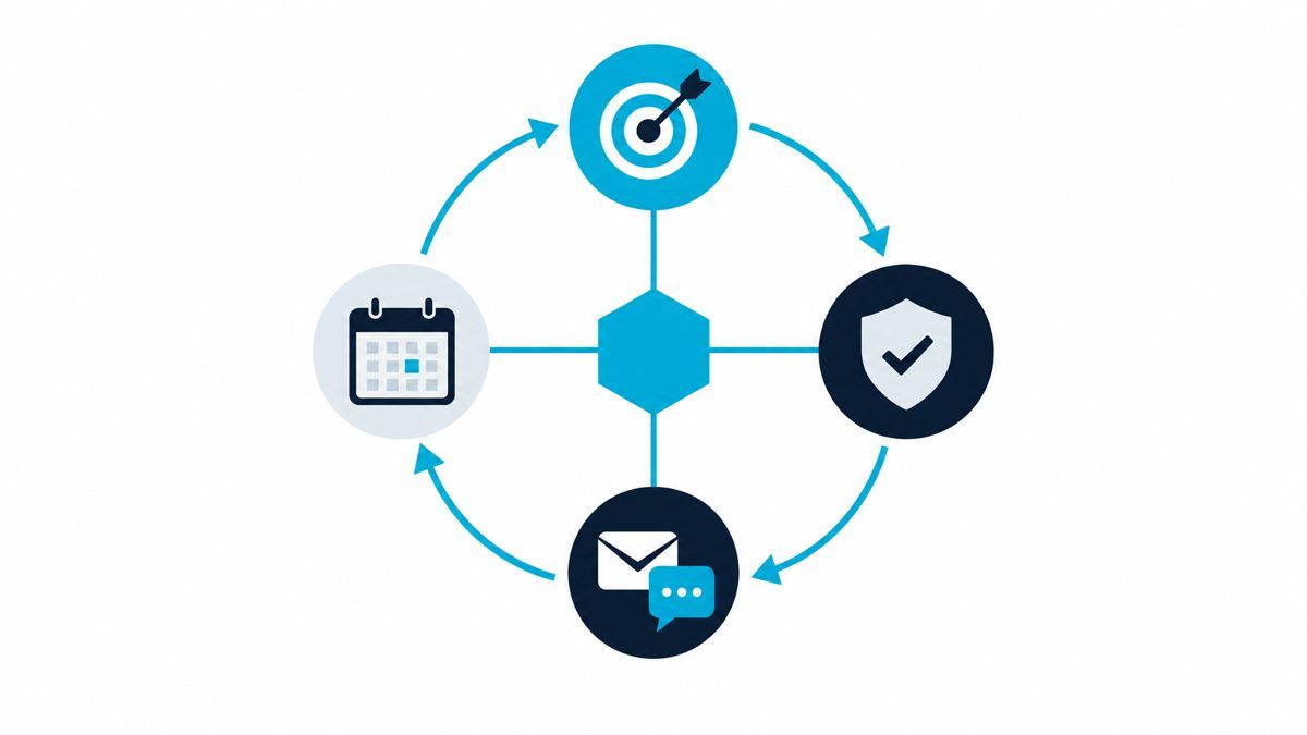 Flat vector loop of four steps, prospect, verify, outreach and book, around a central AI agent node