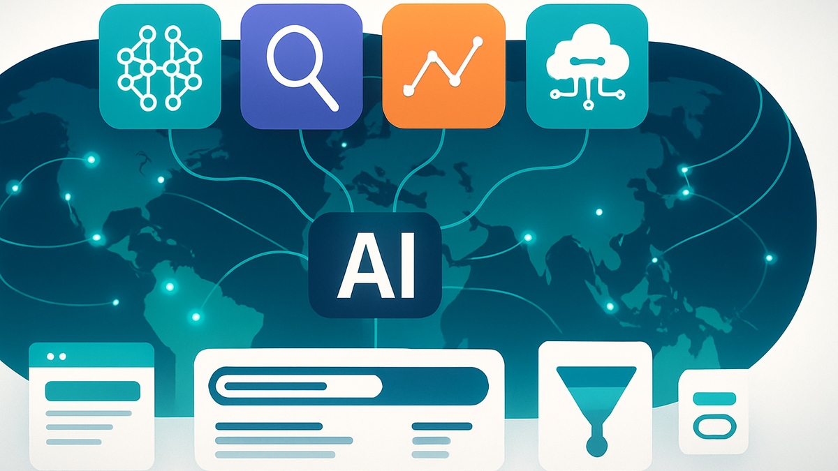 Flat illustration of a global enterprise SEO ecosystem with AI-powered tools and automated workflows connecting multiple international markets
