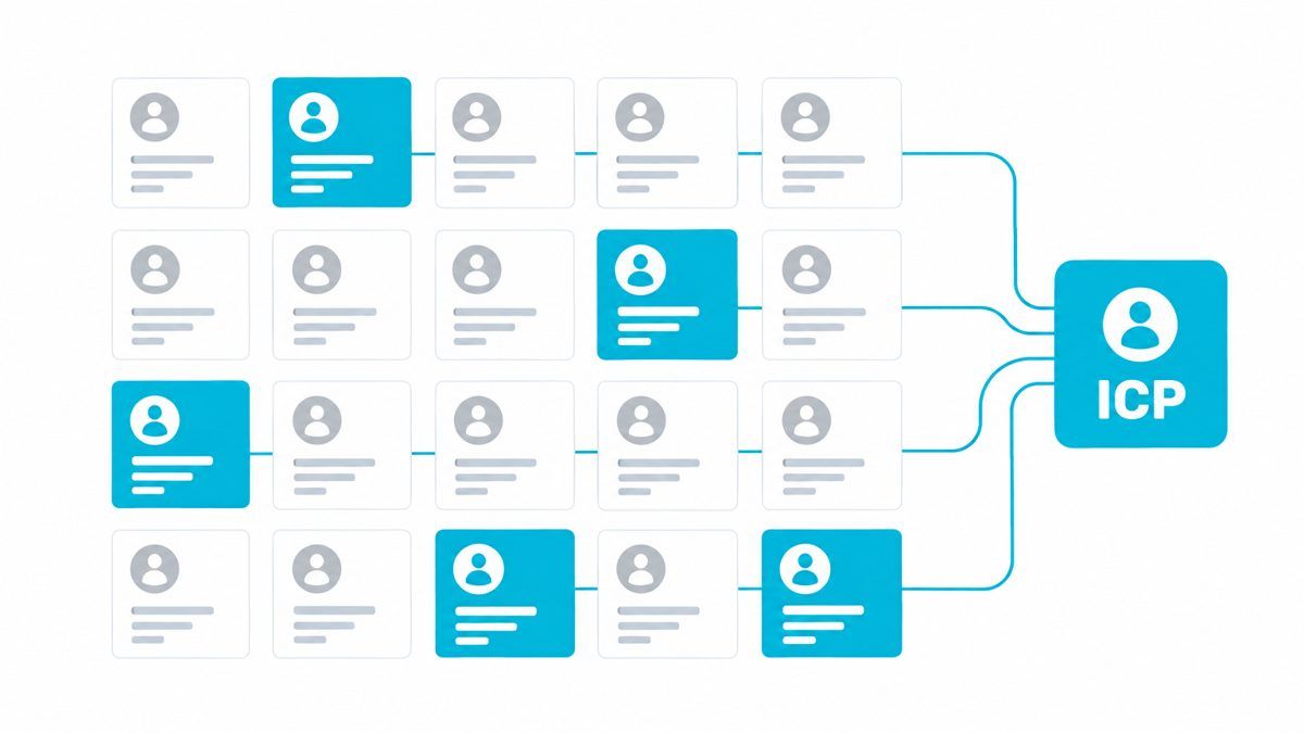 Grid of 20 customer cards with five highlighted in cyan and linked into one ICP profile card