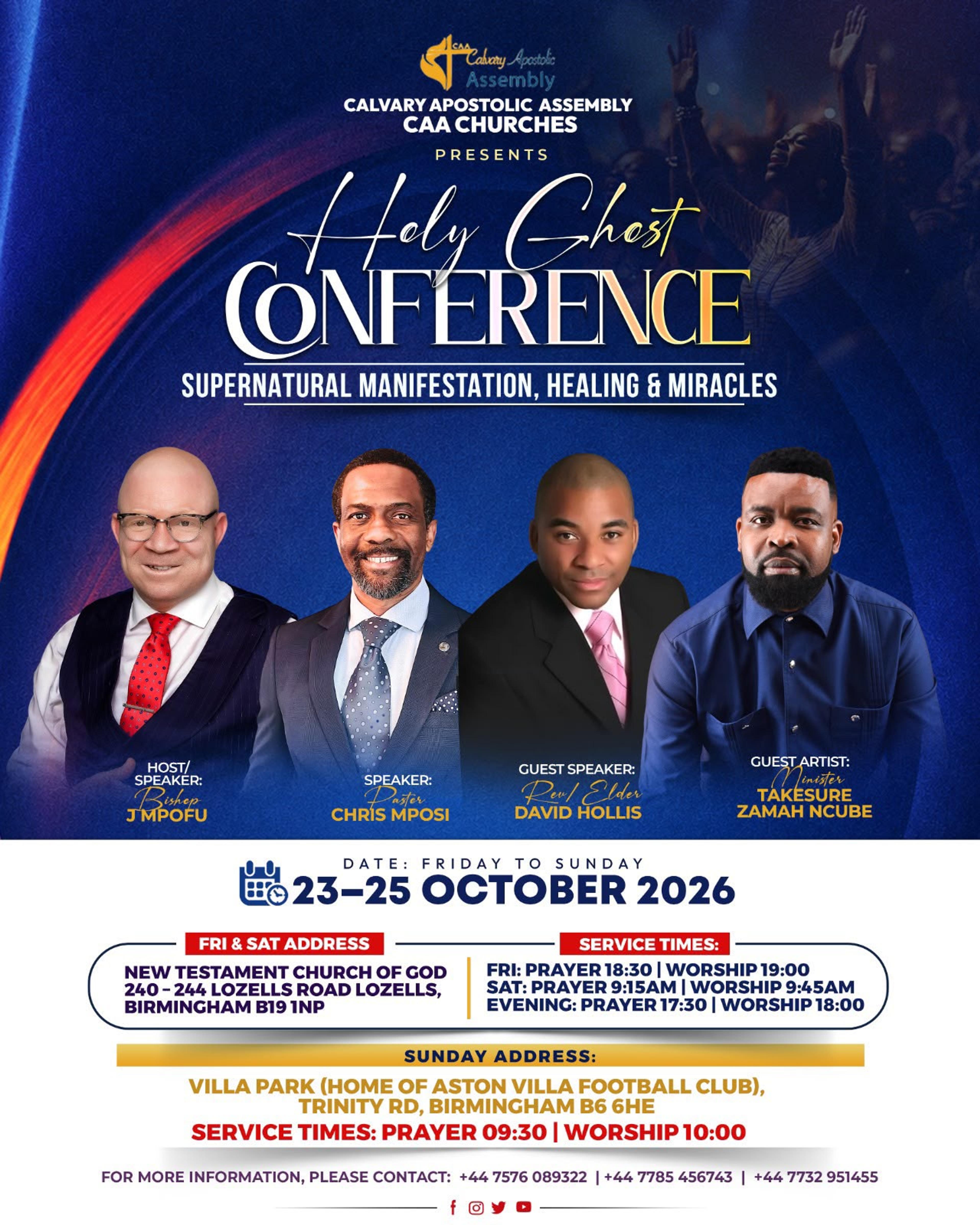 Holy Ghost Conference flyer: Supernatural Manifestation, Healing & Miracles, 23–25 October 2026, Birmingham