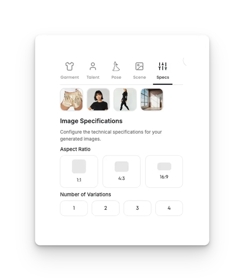 Panel for configuring image specifications, including aspect ratio and number of variations. Four aspect ratios are shown visually, with the ability to generate between one and four image variations.