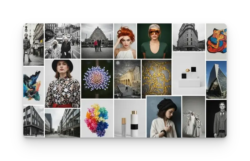 Moodboard collage featuring black-and-white street photography, bold fashion portraits, modern architecture, abstract art, and luxury product photography.