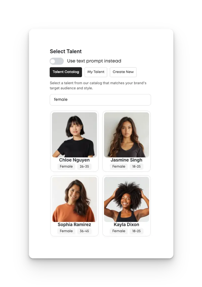 Talent selection screen showing female models from a catalog. The interface includes a toggle to switch to text prompts. Four female models are displayed: Chloe Nguyen, Jasmine Singh, Sophia Ramirez, and Kayla Dixon, with age ranges and profile images.