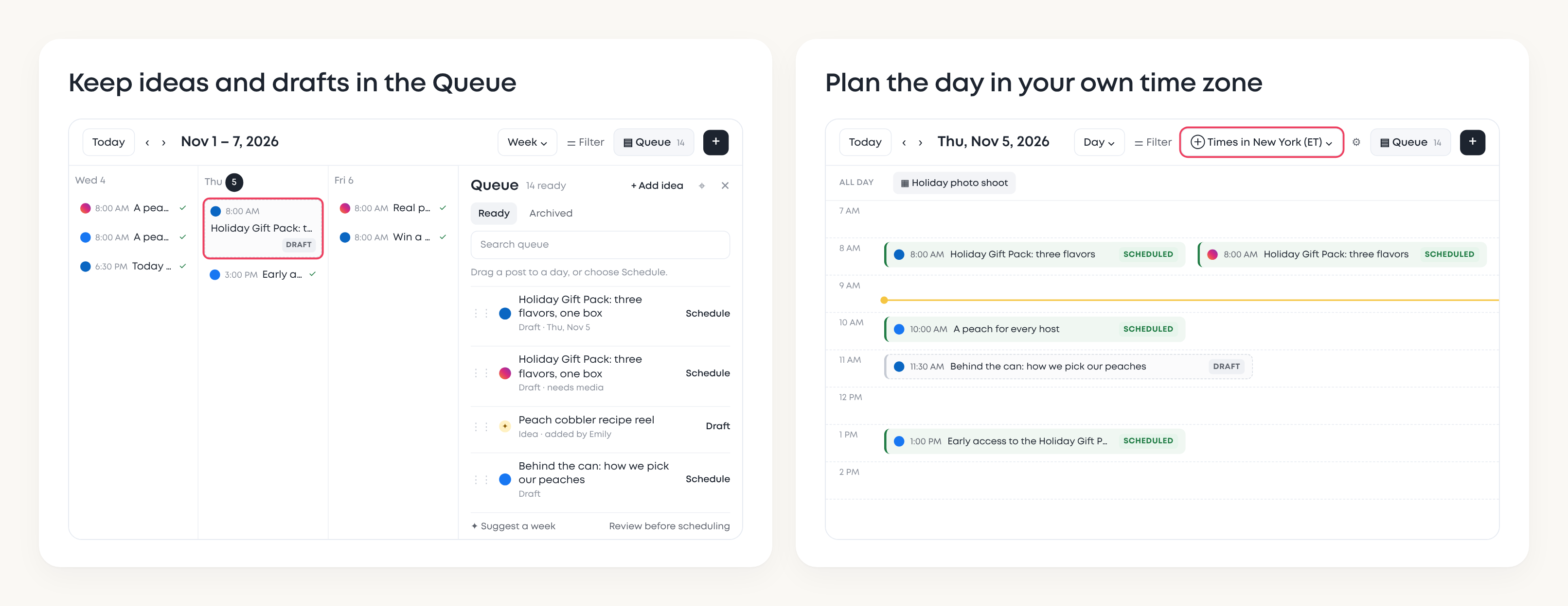 MorningAI Calendar for Peachly with drafts and ideas in the Queue, next to the Day view showing posts by hour in the viewer’s time zone.