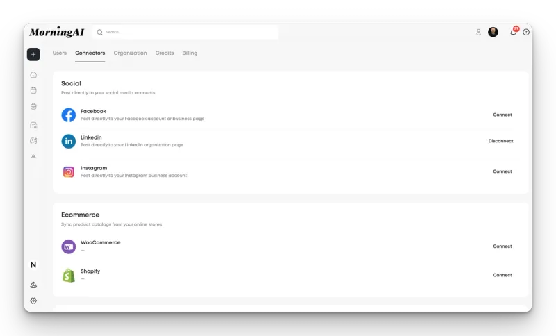 Connectors available for Shopify and WooCommerce