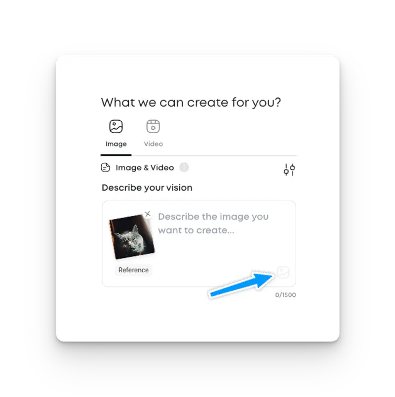 Prompt input screen with a reference image uploaded to help describe the vision. A blue arrow points to the image upload icon.
