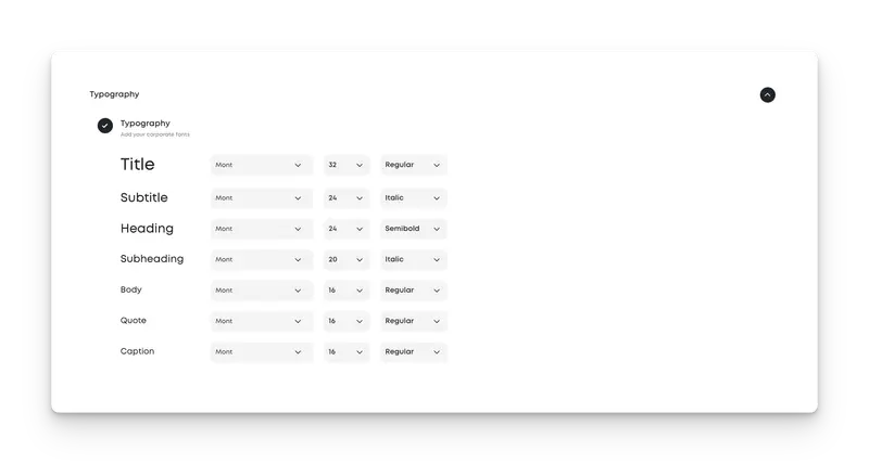 Typography settings panel for customizing fonts, sizes, and styles across headings, body text, captions, and more.