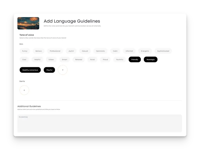 Language guidelines setup showing tone of voice 'Do's' such as Playful, Friendly, and Nostalgic. Users can also add 'Don'ts' and extra guidelines.