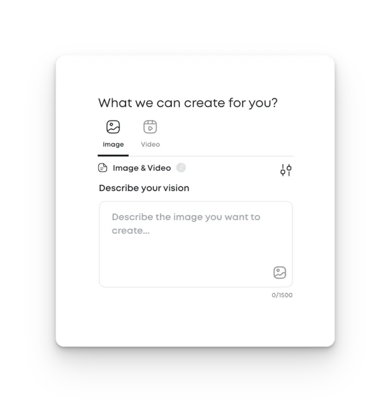 Prompt input screen asking users to describe their vision for an image or video. Toggle options available for image, video, or both.