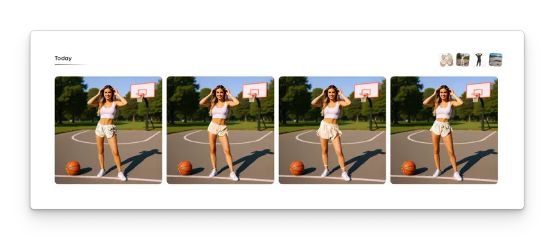 photos of a female model wearing a white crop top and gold shorts, posing next to a basketball on an outdoor court with a hoop and trees in the background. The model is smiling and standing in relaxed, athletic poses under bright daylight.