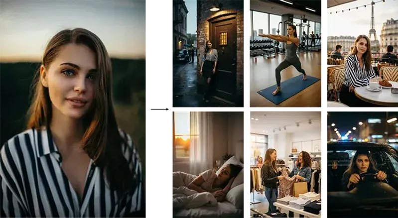 A collage of lifestyle scenes of the same woman—outdoors, in a café, at yoga, shopping, and driving—created with MorningAI gen AI to show multiple generated images for marketing campaigns.