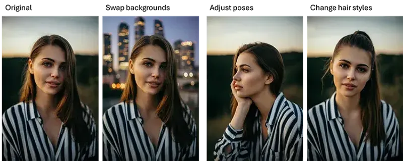 Four portraits of the same woman in different poses and lighting conditions, generated by MorningAI’s gen AI platform to demonstrate character consistency for marketing visuals.