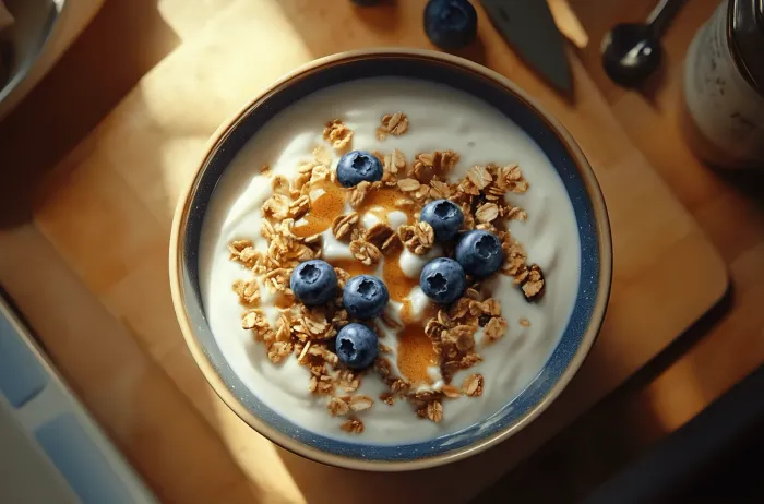 Final AI-generated image of vanilla paste drizzled over a yogurt bowl