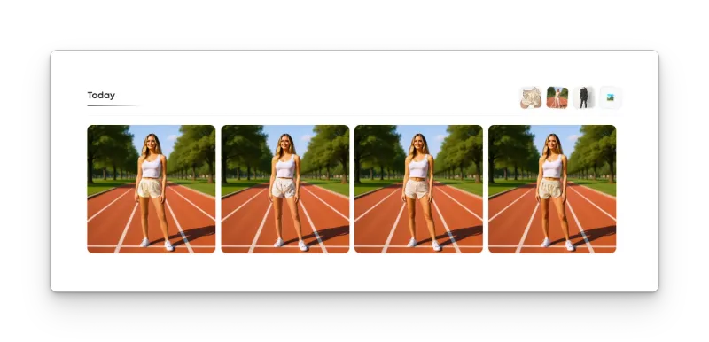 photos of a female model wearing a white tank top and gold athletic shorts, posing confidently on an outdoor running track.
