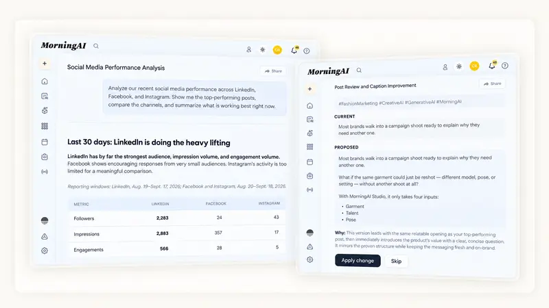 MorningAI Agents showing social media performance analysis alongside a scheduled post caption review with proposed changes and approval controls.