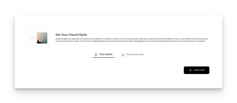 User interface for setting your brand's visual style. Upload custom images or browse preset visuals to define your aesthetic.