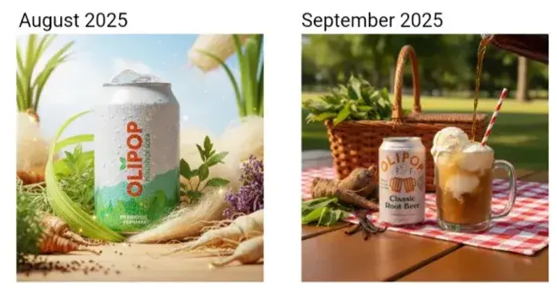 Side-by-side product marketing comparison generated by MorningAI’s gen AI: August 2025 image shows a fresh OLIPOP can surrounded by natural ingredients, while September 2025 image presents an outdoor picnic with OLIPOP root beer floats being poured. Highlights seasonal storytelling and campaign evolution using generative AI for marketing.